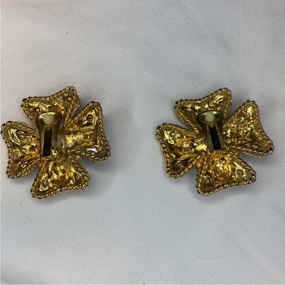 Gold Multicolor Faux Gemstone and Pearl Mogul Statement Cross Clip On Earrings - Picture 2 of 5